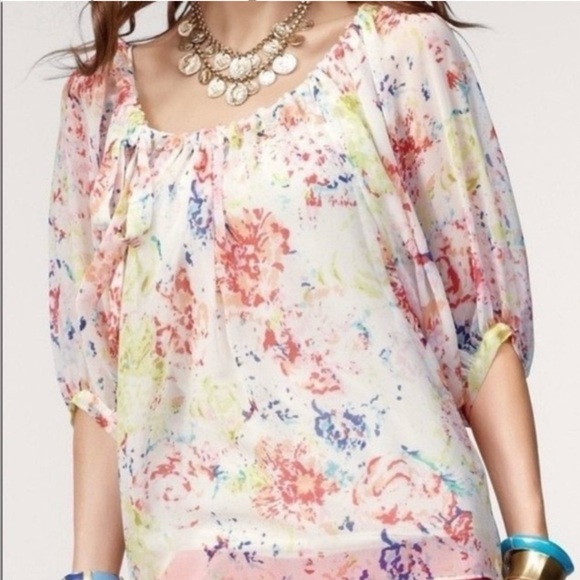 CAbi #826 Watercolor In Case Blouse Semi Sheer Shirt Floral Abstract Top Flowy - Picture 1 of 13
